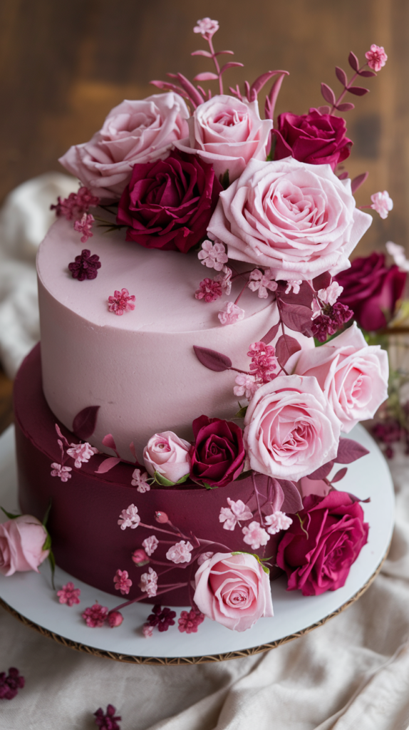 15 Stunning Pink Wedding Cake Ideas Burgundy and Pink Floral Accents