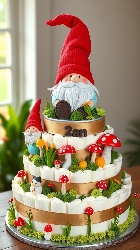 15 Adorable Mushroom Diaper Cake Ideas A three-tiered diaper cake themed with gnomes and mushrooms, decorated with flowers and greenery.