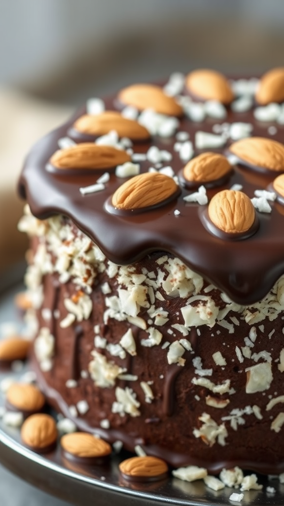 20 Creative Ideas for a Zero Birthday Cake Celebration A beautifully decorated Almond Joy Cake topped with chocolate ganache, almonds, and shredded coconut.
