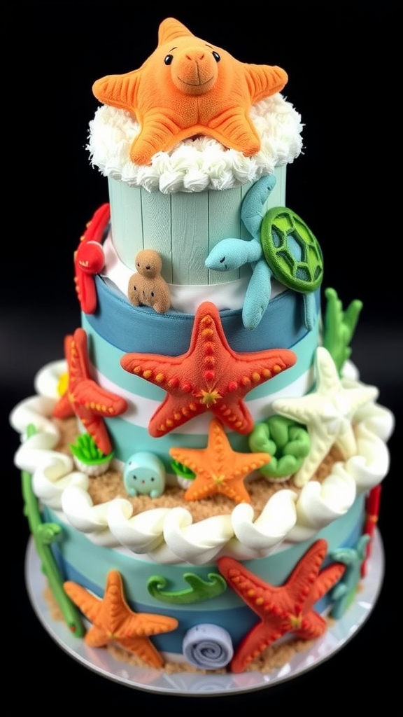 15 Creative Animal Diaper Cake Ideas A colorful aqua marine life diaper cake decorated with plush sea creatures.