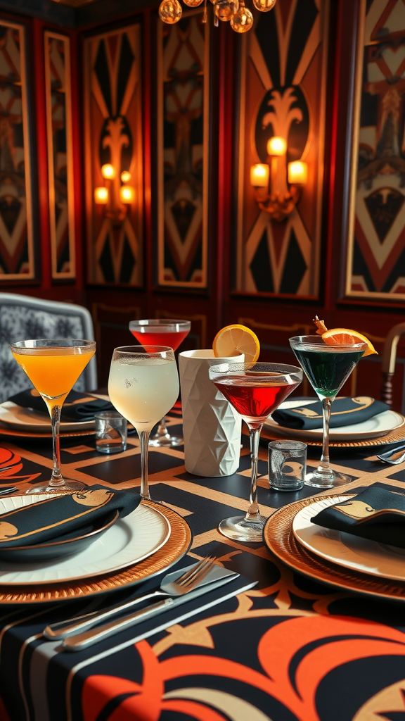 15 Creative Afternoon Tea Theme Ideas to Delight Your Guests Stylish table setting for an Art Deco tea soirée with colorful cocktails and elegant tableware.