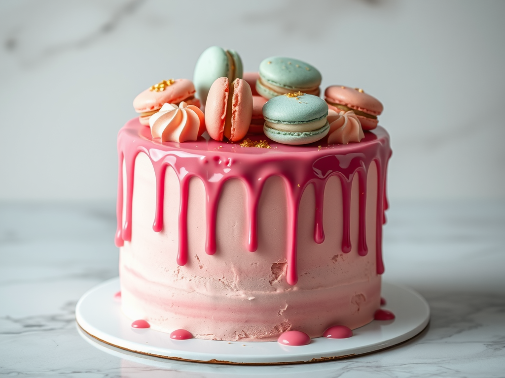 15 Stunning Pink Wedding Cake Ideas A beautifully decorated pink drip cake with macarons on top.