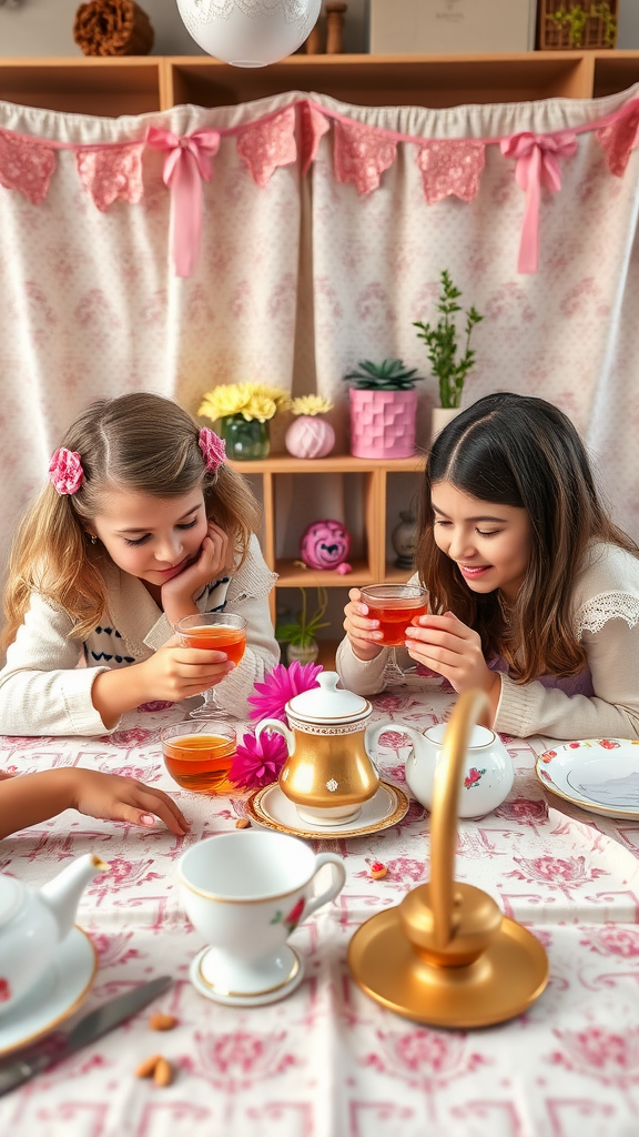 15 Elegant Mother's Day Tea Party Themes to Celebrate Mom Two young girls enjoying a tea party with colorful cups and floral decorations.