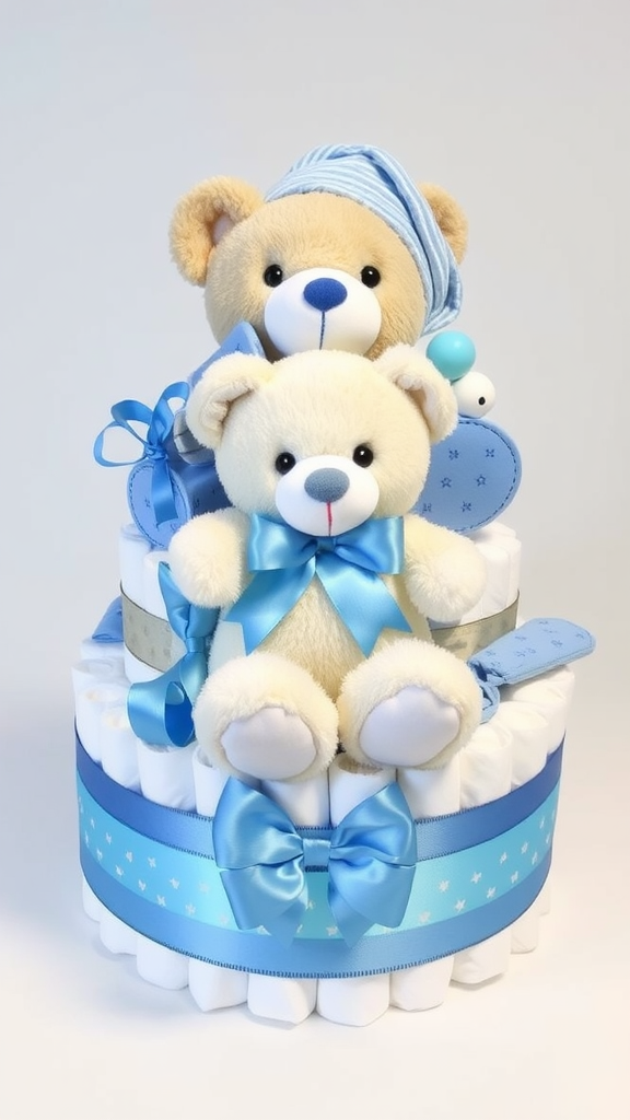 15 Adorable Teddy Bear Diaper Cake Ideas! A decorative diaper cake featuring two teddy bears and diapers, all in blue and white.