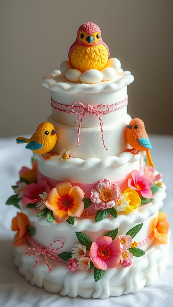 15 Creative Animal Diaper Cake Ideas A colorful animal diaper cake decorated with birds and flowers.