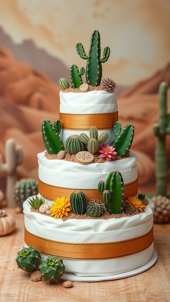 15 Creative Cowboy Themed Diaper Cake Ideas A diaper cake decorated with cacti and flowers, showcasing a Southwestern theme.