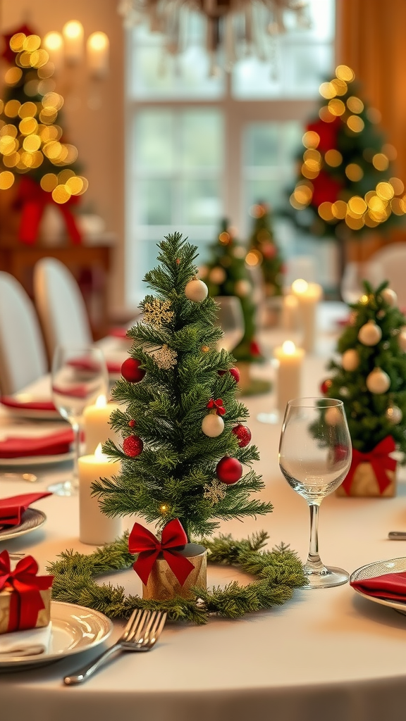 15 Spectacular Christmas Dining Table Decor Ideas to Celebrate the Season A beautifully decorated dining table featuring mini Christmas trees, candles, and festive tableware.