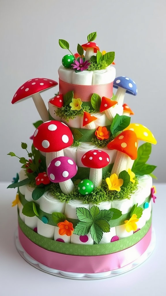 15 Adorable Mushroom Diaper Cake Ideas A colorful diaper cake designed to look like a mushroom garden, featuring vibrant mushrooms, flowers, and greenery.