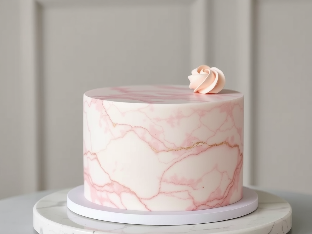 15 Stunning Pink Wedding Cake Ideas A marble effect cake in soft pink with gold accents and a decorative rose on top.