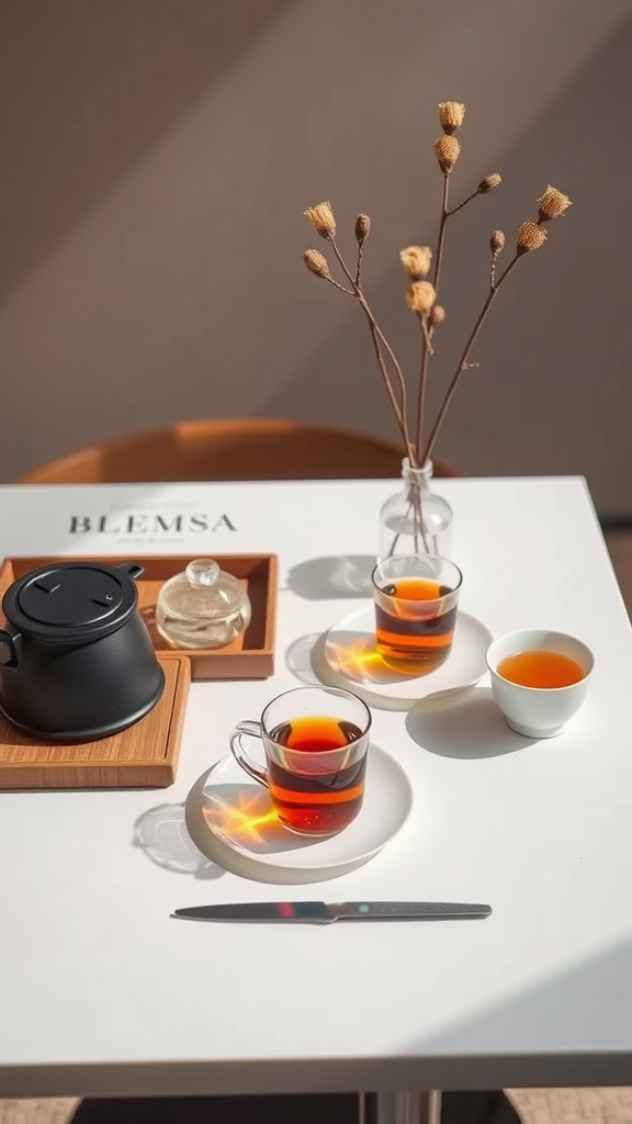 15 Creative Afternoon Tea Theme Ideas to Delight Your Guests A chic minimalist tea setting with a black kettle, clear glass tea cups, and dried flowers on a white table.