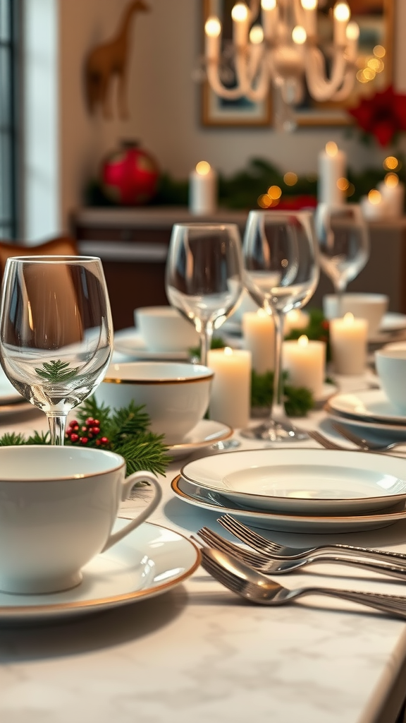 20 Elegant Christmas Dining Table Décor Ideas An elegant Christmas dining table set with white and gold tableware, glassware, silverware, candles, and festive decorations.