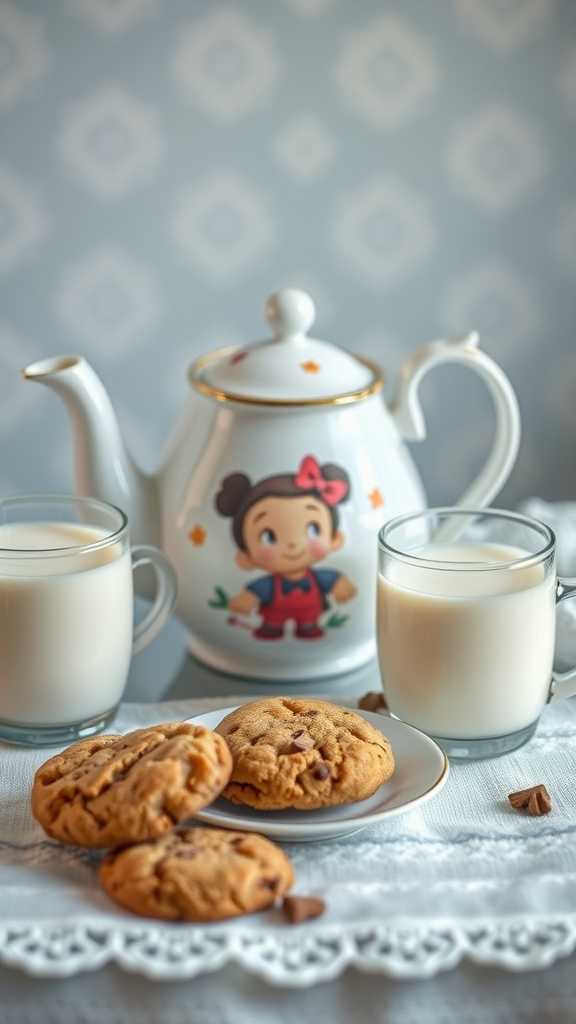 15 Creative Afternoon Tea Theme Ideas to Delight Your Guests A whimsical tea set with cookies and milk on a table, evoking childhood memories.