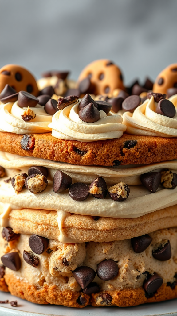 20 Creative Ideas for a Zero Birthday Cake Celebration A multi-layered Chocolate Chip Cookie Dough Cake with frosting, cookie dough pieces, and chocolate chips on top. zero birthday cake