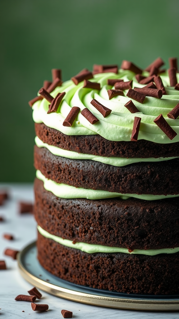 20 Creative Ideas for a Zero Birthday Cake Celebration A three-layer chocolate mint cake topped with green frosting and chocolate shavings.