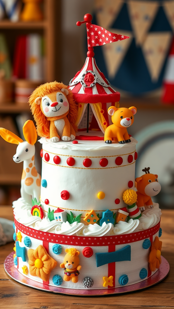 15 Creative Animal Diaper Cake Ideas A colorful two-tiered diaper cake decorated with circus animals and a striped tent.