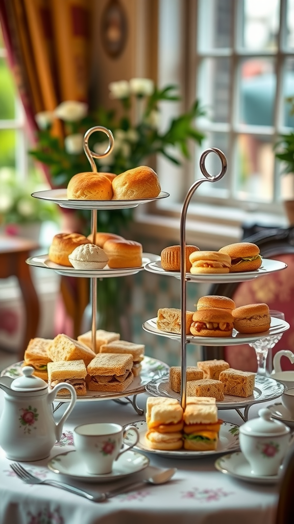 15 Elegant Mother's Day Tea Party Themes to Celebrate Mom A tiered stand with assorted sandwiches, scones, and pastries, set for afternoon tea with tea cups and a teapot.