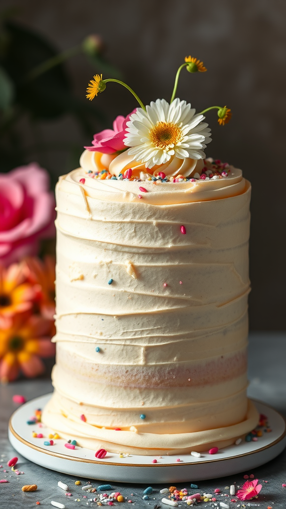 20 Creative Ideas for a Zero Birthday Cake Celebration A beautiful classic vanilla buttercream layer cake topped with flowers and sprinkles.