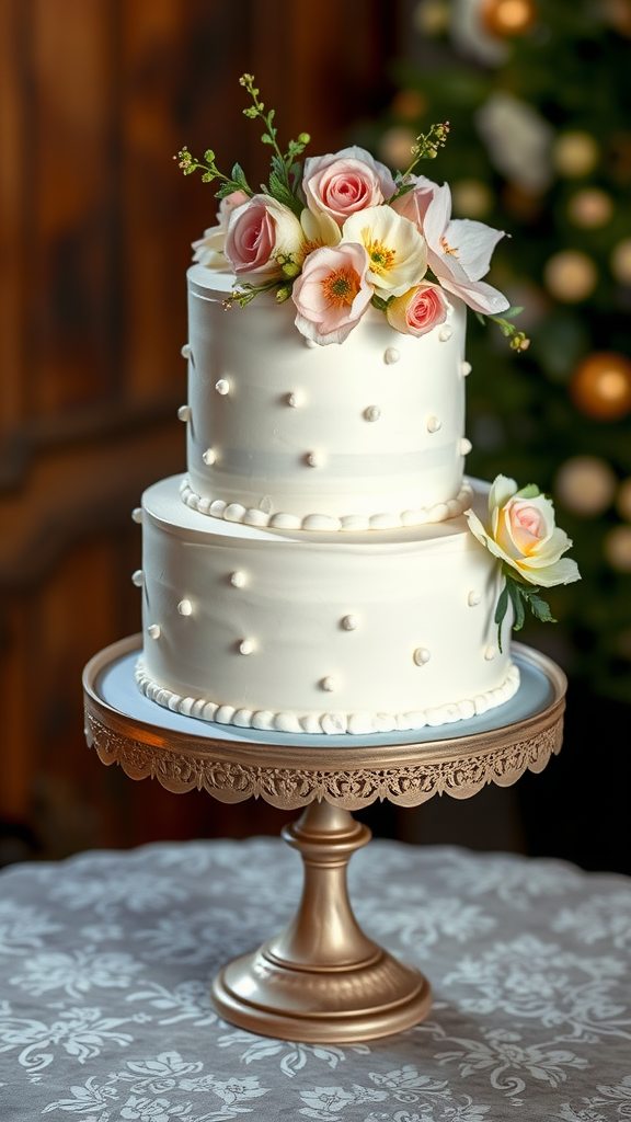 10 Elegant Wedding Cakes A classic two-tier white fondant cake adorned with pink and white floral accents, displayed on a decorative pedestal.