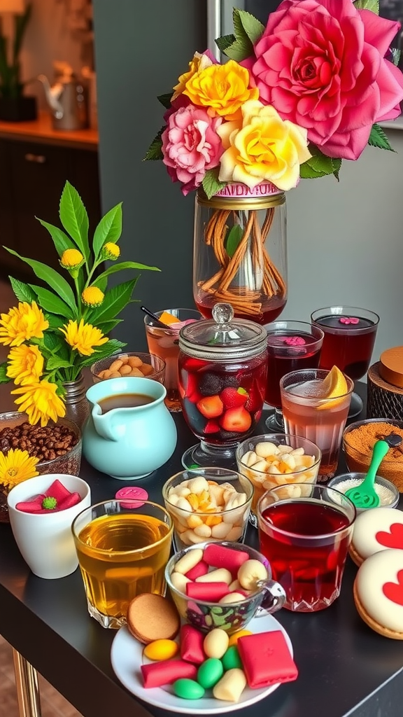 15 Creative Afternoon Tea Theme Ideas to Delight Your Guests A vibrant tea party spread with colorful drinks, sweets, and flowers. Afternoon Tea Theme Ideas