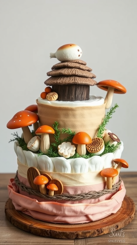 15 Adorable Mushroom Diaper Cake Ideas A three-tiered diaper cake decorated with mushroom motifs, featuring a wooden hut and a small bird on top.
