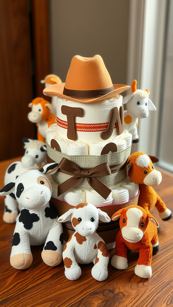 15 Creative Cowboy Themed Diaper Cake Ideas A cowboy hat diaper cake surrounded by plush animals, showcasing a creative baby shower decoration.