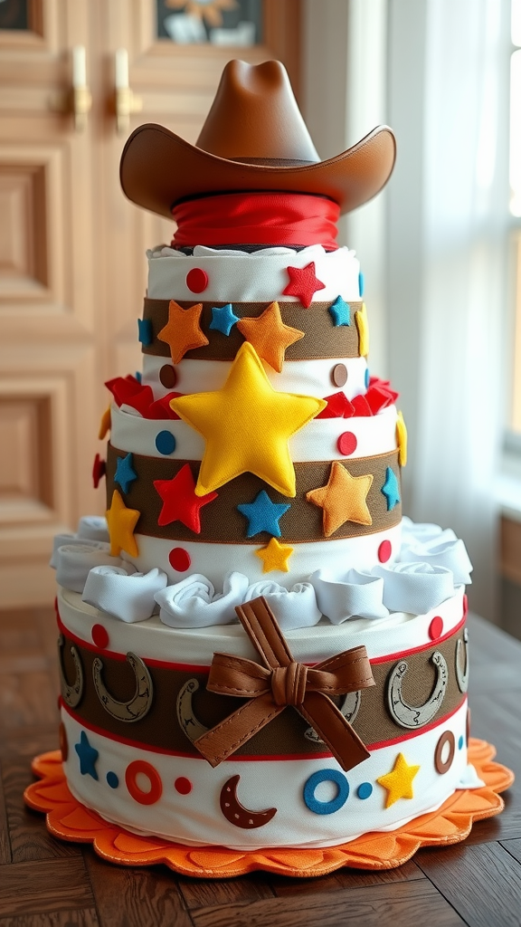 15 Creative Cowboy Themed Diaper Cake Ideas A beautifully crafted cowpoke diaper cake adorned with colorful stars, moons, and a cowboy hat on top.