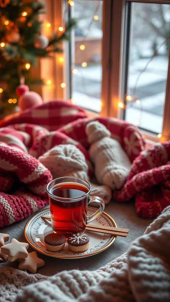 15 Creative Afternoon Tea Theme Ideas to Delight Your Guests A cozy winter scene with a cup of tea, cookies, and soft blankets next to a window with fairy lights.