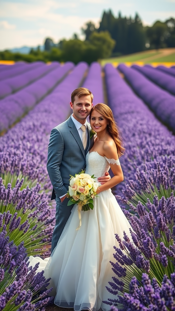 15 Stunning Lavender Wedding Ideas Bride and groom standing in a lavender field, surrounded by purple flowers.