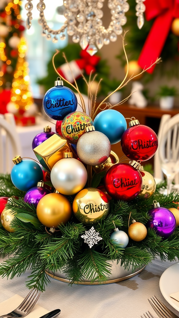 15 Spectacular Christmas Dining Table Decor Ideas to Celebrate the Season A festive Christmas dining table decor featuring a centerpiece made of colorful ornaments.