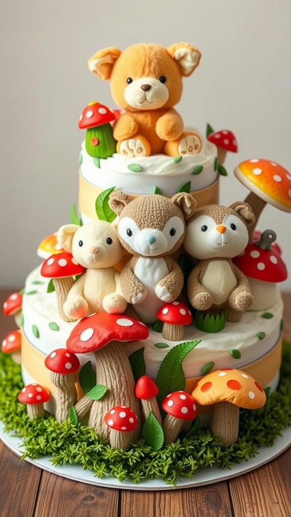 15 Adorable Mushroom Diaper Cake Ideas A beautifully arranged diaper cake featuring plush animal toys and colorful mushroom decorations.