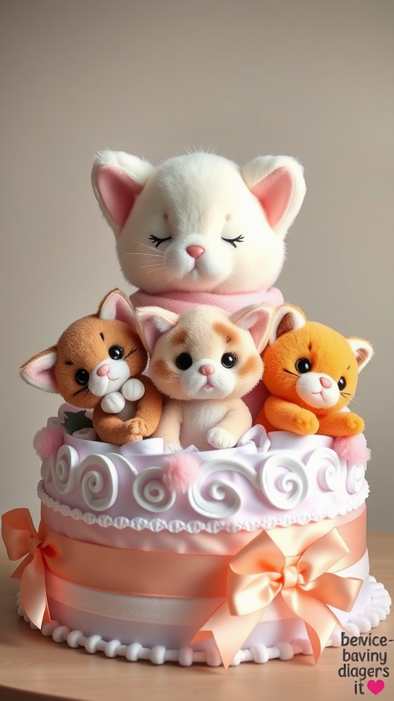15 Creative Animal Diaper Cake Ideas A cute diaper cake featuring plush kittens in a decorative arrangement.