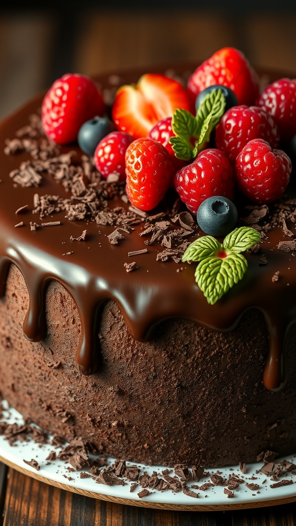 20 Creative Ideas for a Zero Birthday Cake Celebration A beautifully decorated chocolate ganache cake topped with fresh berries and mint leaves.