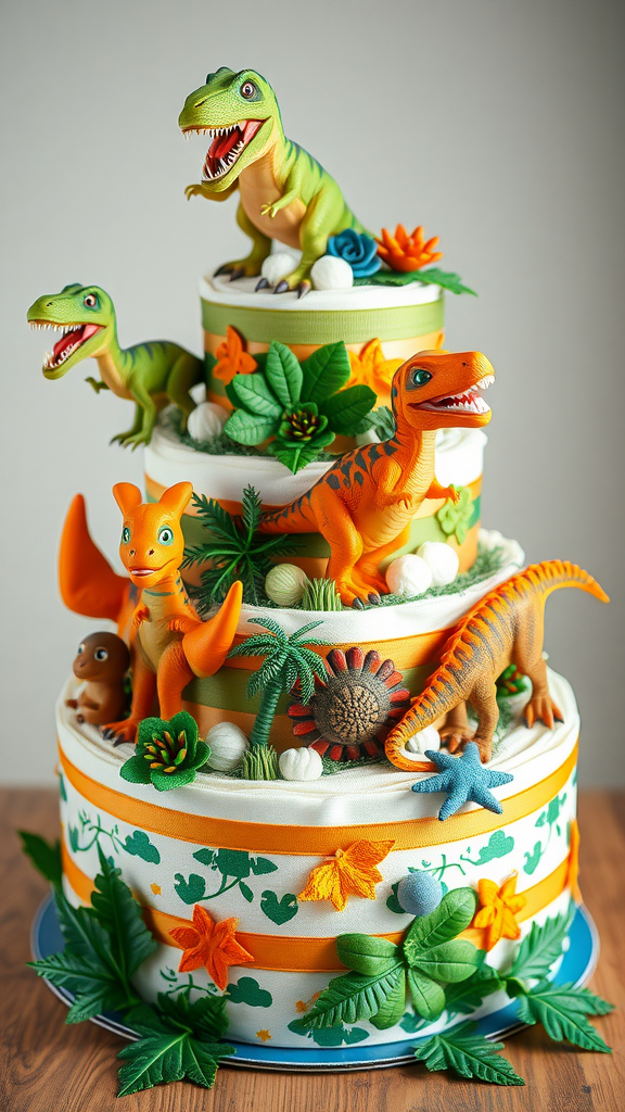 15 Creative Animal Diaper Cake Ideas A colorful dinosaur-themed diaper cake with toy dinosaurs and greenery.