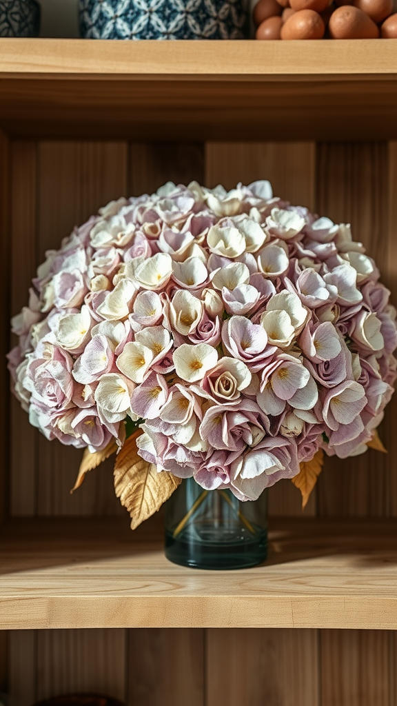 20 Stunning Hydrangea Bouquets for Every Occasion A dried hydrangea arrangement in a glass vase with soft pink and white petals on a wooden shelf.