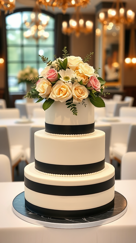 10 Elegant Wedding Cakes A three-tier cake with black and white stripes, topped with roses and greenery. Elegant Wedding Cakes