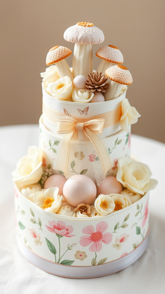 15 Adorable Mushroom Diaper Cake Ideas A decorative diaper cake featuring floral designs and faux mushrooms, ideal for a baby shower.
