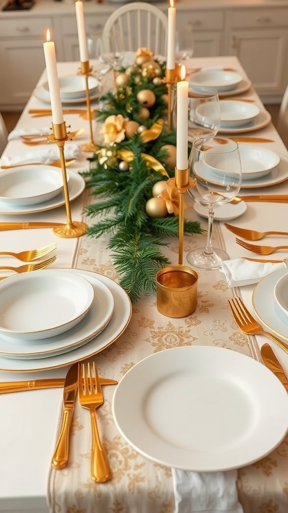 15 Spectacular Christmas Dining Table Decor Ideas to Celebrate the Season Elegant gold and white dining table setting with candles and greenery for Christmas.