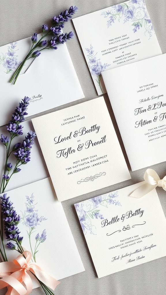 15 Stunning Lavender Wedding Ideas Lavender themed wedding invitations with floral designs and ribbons