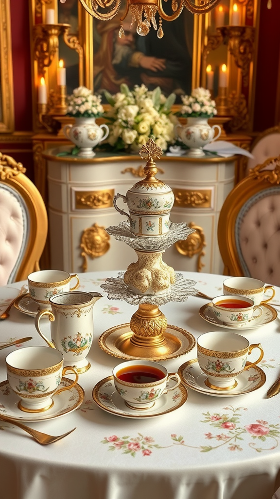 15 Creative Afternoon Tea Theme Ideas to Delight Your Guests A beautifully arranged royal tea setting with delicate china cups, a golden centerpiece, and a luxurious table decor.