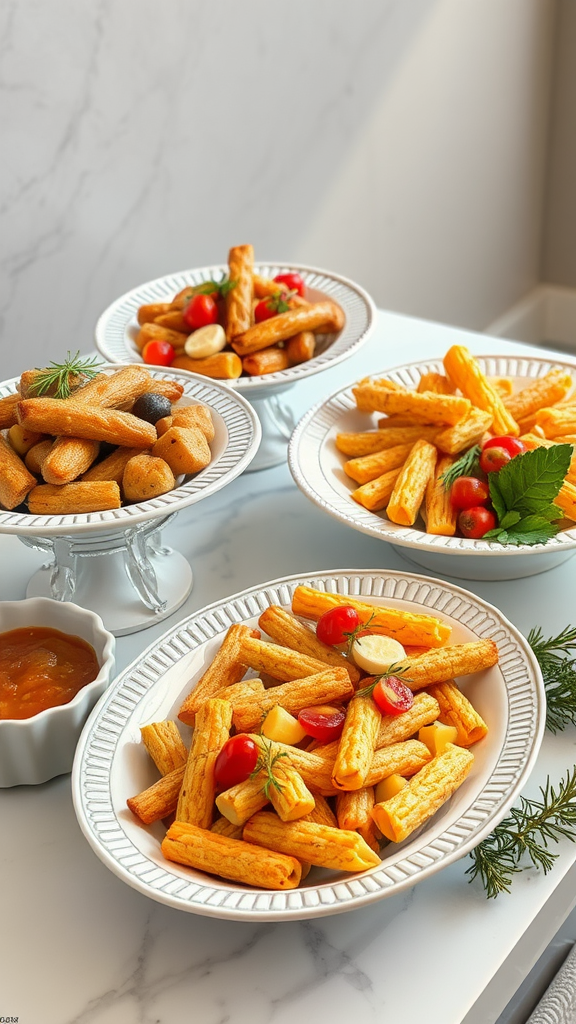 20 Elegant Christmas Dining Table Décor Ideas A collection of elegant serving platters filled with crispy snacks and fresh vegetables.