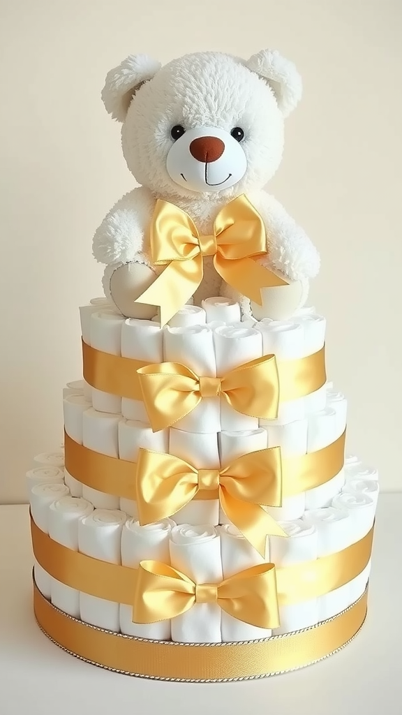 15 Adorable Teddy Bear Diaper Cake Ideas! A decorative cake made of diapers featuring a teddy bear on top and gold ribbons.