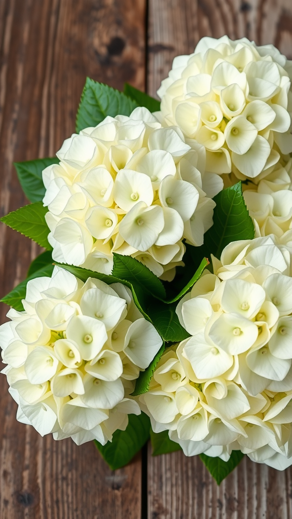 20 Stunning Hydrangea Bouquets for Every Occasion A beautiful arrangement of white hydrangeas with lush green leaves on a wooden surface.