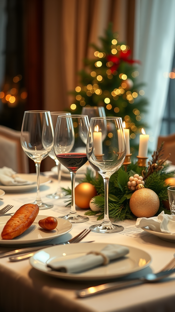 20 Elegant Christmas Dining Table Décor Ideas A beautifully set Christmas dining table with wine glasses, candles, and festive decor.