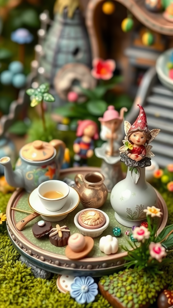 15 Elegant Mother's Day Tea Party Themes to Celebrate Mom A beautifully arranged fairy garden tea party scene featuring a teapot, cup, and an assortment of tiny pastries and flowers.