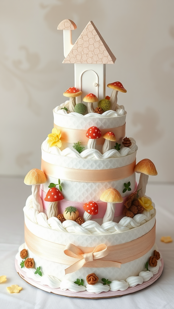 15 Adorable Mushroom Diaper Cake Ideas A whimsical diaper cake designed as a mushroom theme, featuring layers decorated with faux mushrooms, ribbons, and a small house on top.