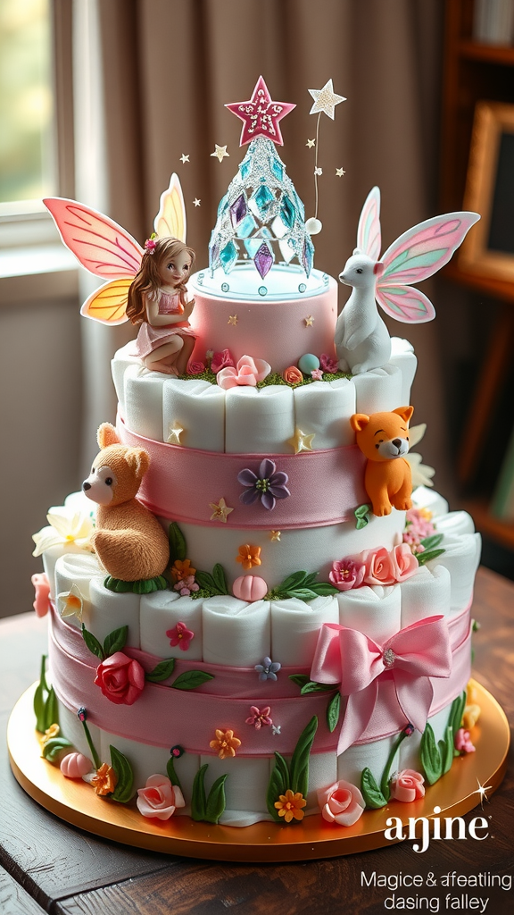 15 Creative Animal Diaper Cake Ideas A whimsical diaper cake decorated with fairy figurines and animal plush toys.