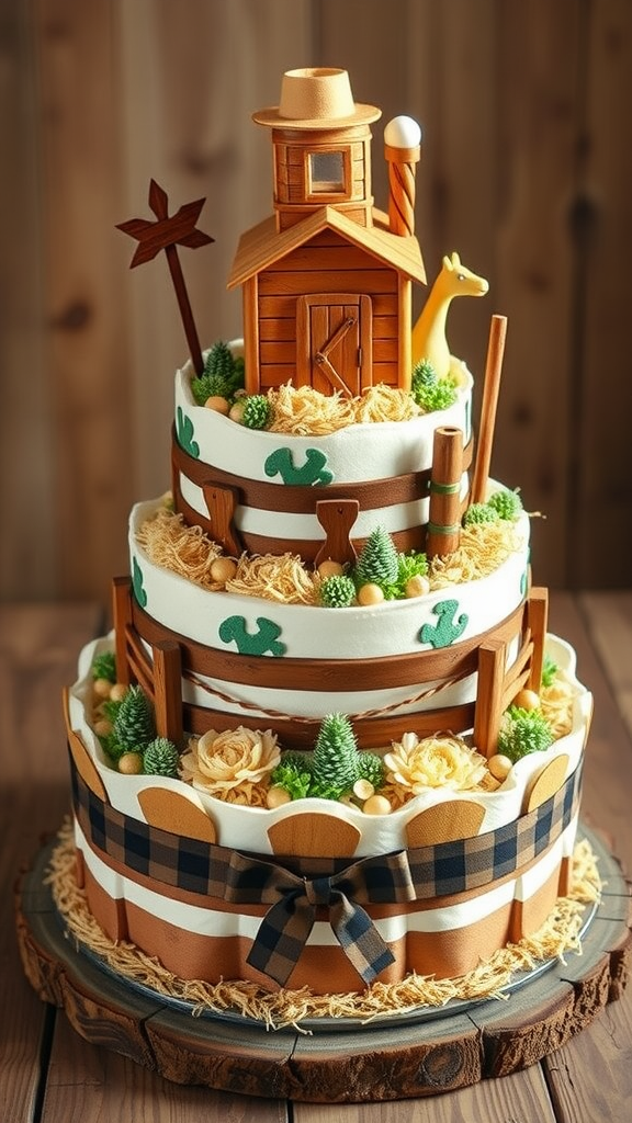 15 Creative Cowboy Themed Diaper Cake Ideas A three-tier diaper cake designed with a family ranch theme, featuring a wooden barn on top, surrounded by greenery and rustic decorations.