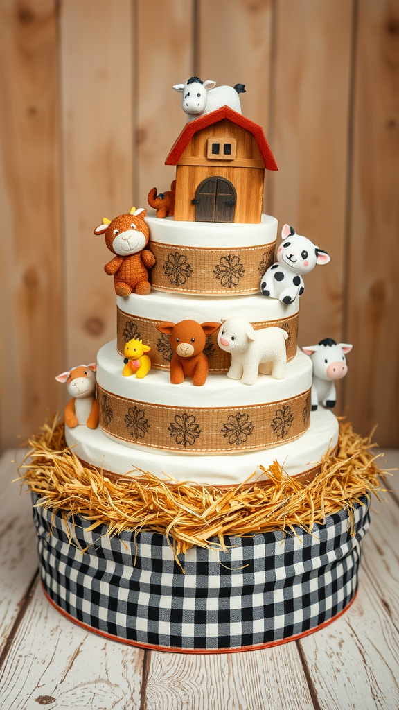 15 Creative Animal Diaper Cake Ideas A multi-tiered diaper cake with farm animal decorations and a wooden barn.