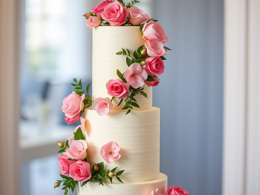15 Stunning Pink Wedding Cake Ideas A three-tiered wedding cake adorned with pink roses and greenery.