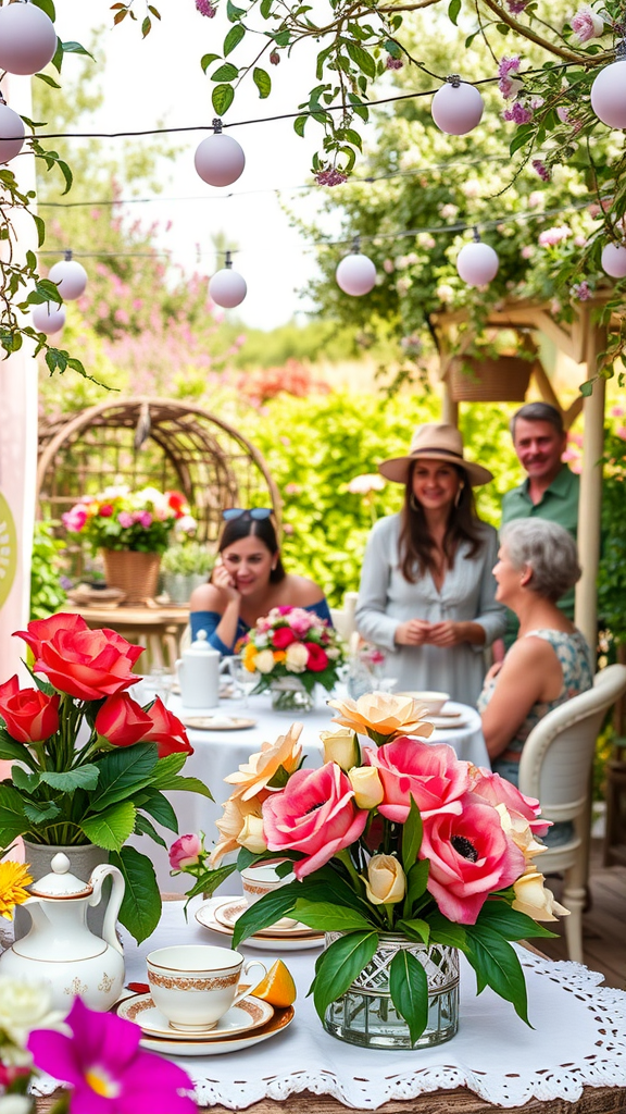 15 Elegant Mother's Day Tea Party Themes to Celebrate Mom A garden tea party scene with floral arrangements, tea setup, and people enjoying each other's company.